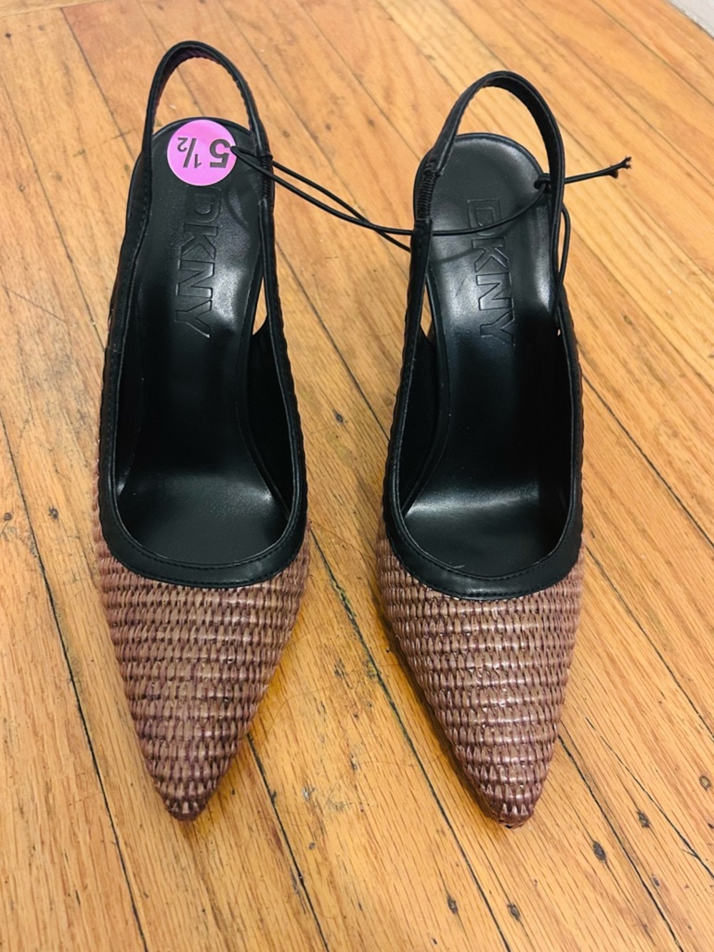 DKNY Brown Woven Pointed Slingback Heels with Black Trim